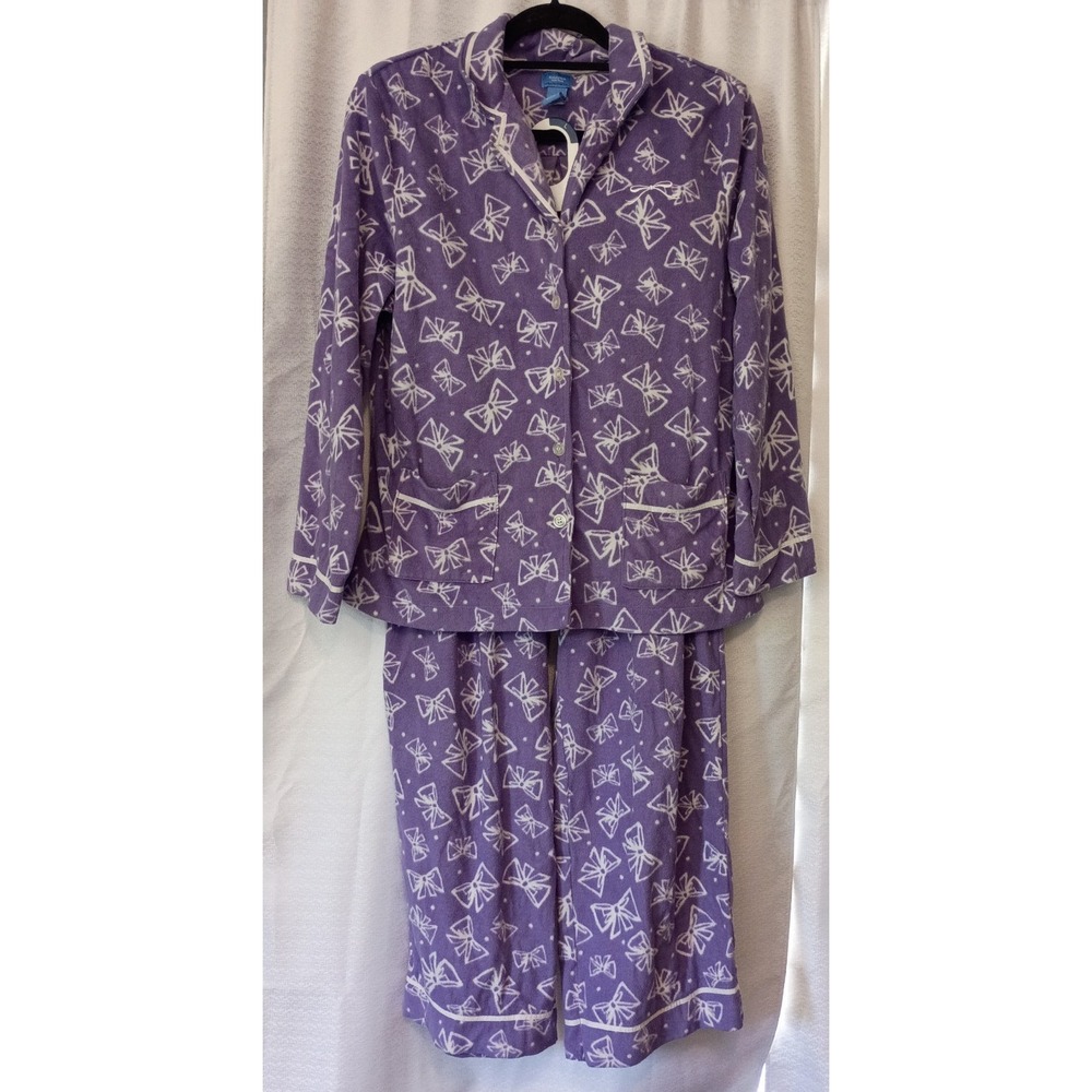 Simply Vera Wang Fleece Bow Print Pajama Set Purple White Women's Large 2‑Piece